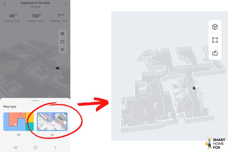 Die Wohnungskarte ist in der Roborock S7 Pro Ultra App in 3D-Ansicht zu sehen.